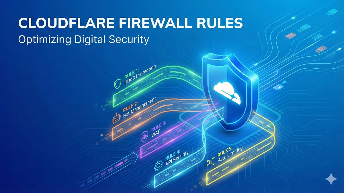 Cloudflare防火墙规则配置示意图,蓝色盾牌图标与网络流量可视化