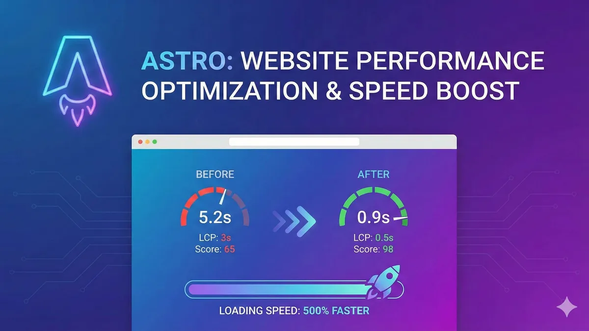 Astro图片优化性能提升对比图,展示加载速度从6秒优化到1.8秒,Lighthouse评分从62分提升到95分