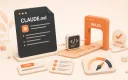 Easton editorial illustration: one large CLAUDE.md rule card guiding a code module