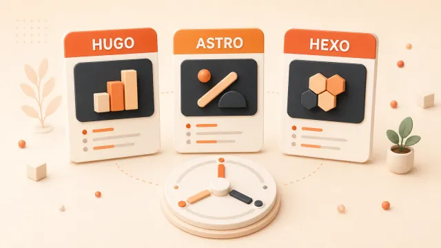 Easton editorial illustration: three large framework engine cards above one decision matrix
