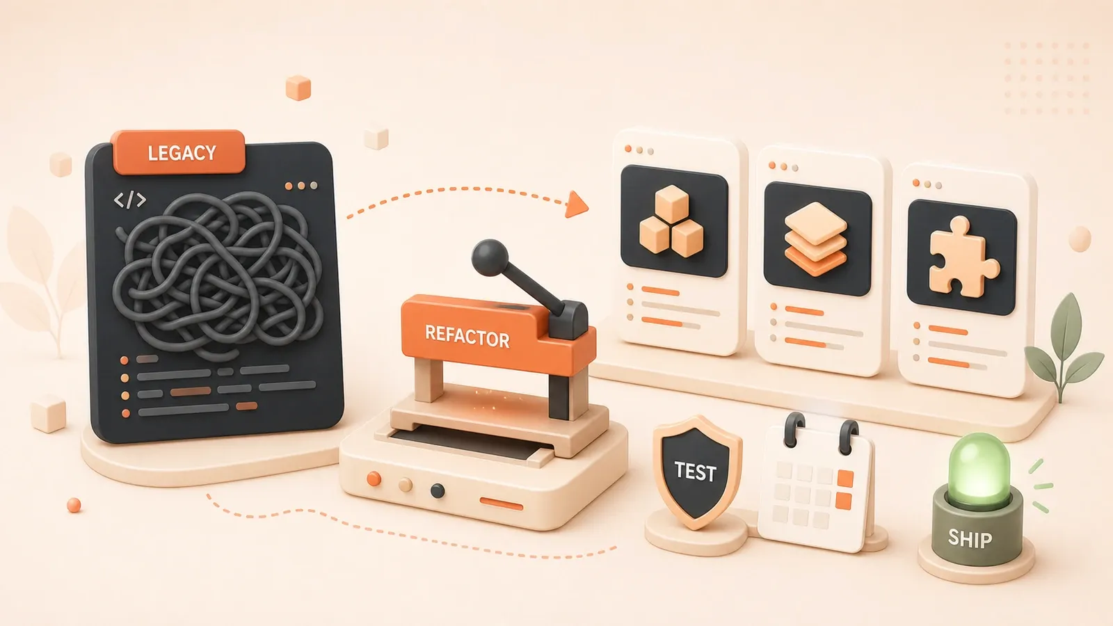 Easton editorial illustration: one tangled legacy code block transforming into three clean modules