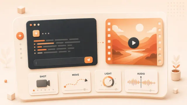 Easton editorial illustration: one cinematic prompt console producing a film frame