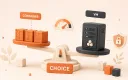 Easton editorial illustration: three compact container boxes and one full virtual-machine tower on a scale