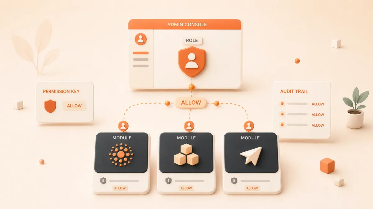 Easton editorial illustration: one admin console with a central role gate and three protected modules