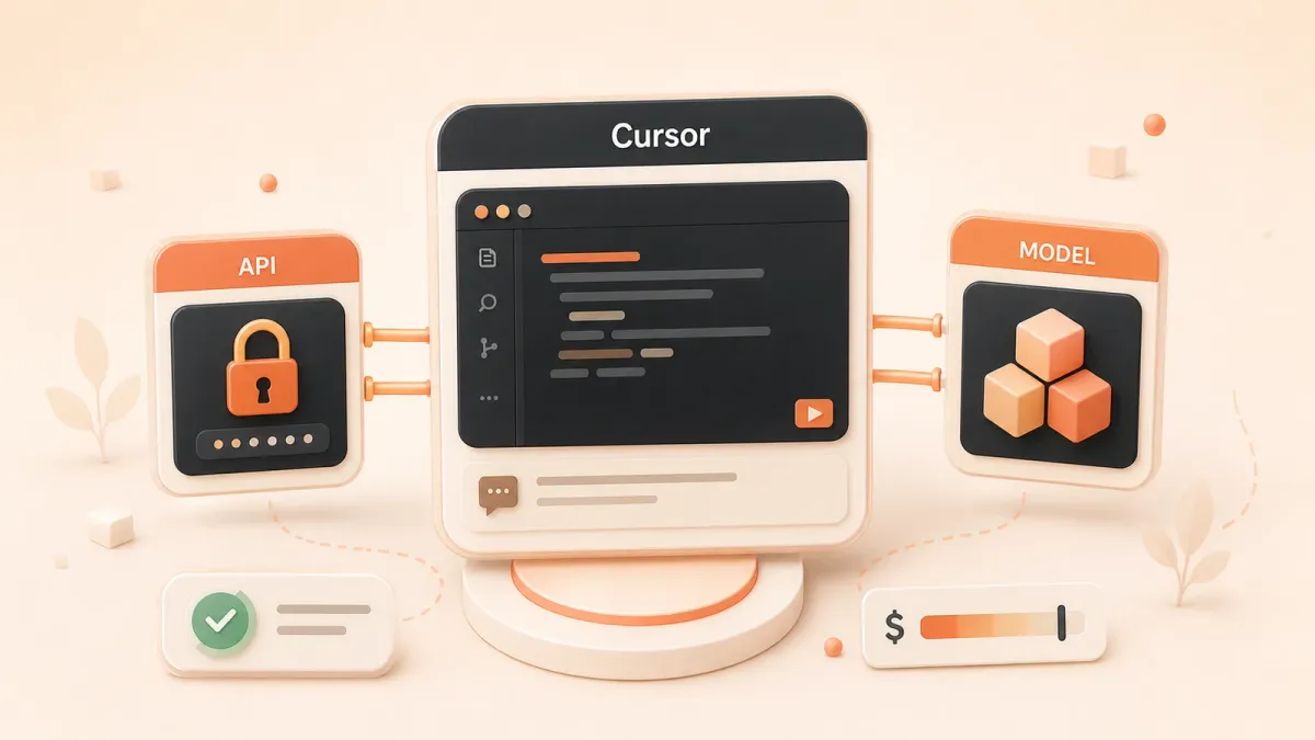 Easton editorial illustration: one editor hub connecting an API key tile and a model cube