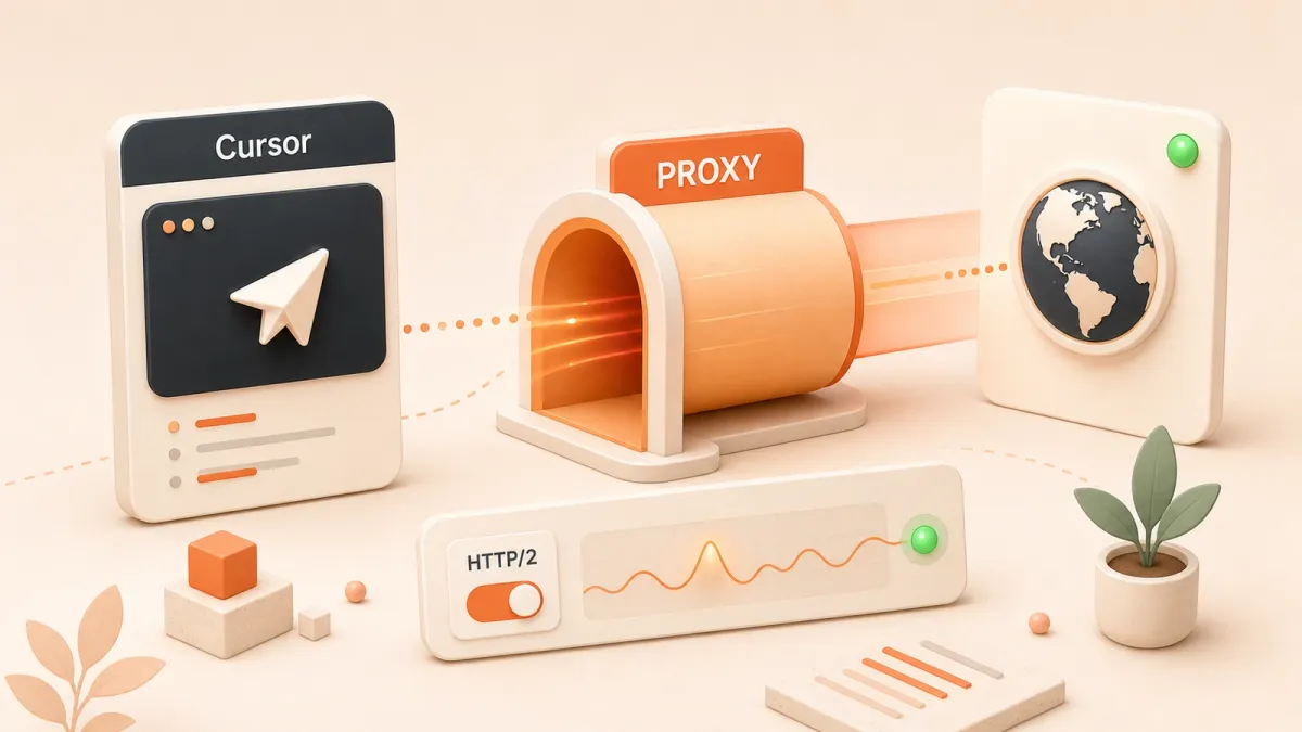 Easton editorial illustration: one charcoal editor card passing through an orange proxy tunnel