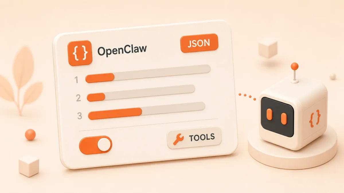 Easton editorial illustration: one large JSON configuration card controlling an agent device