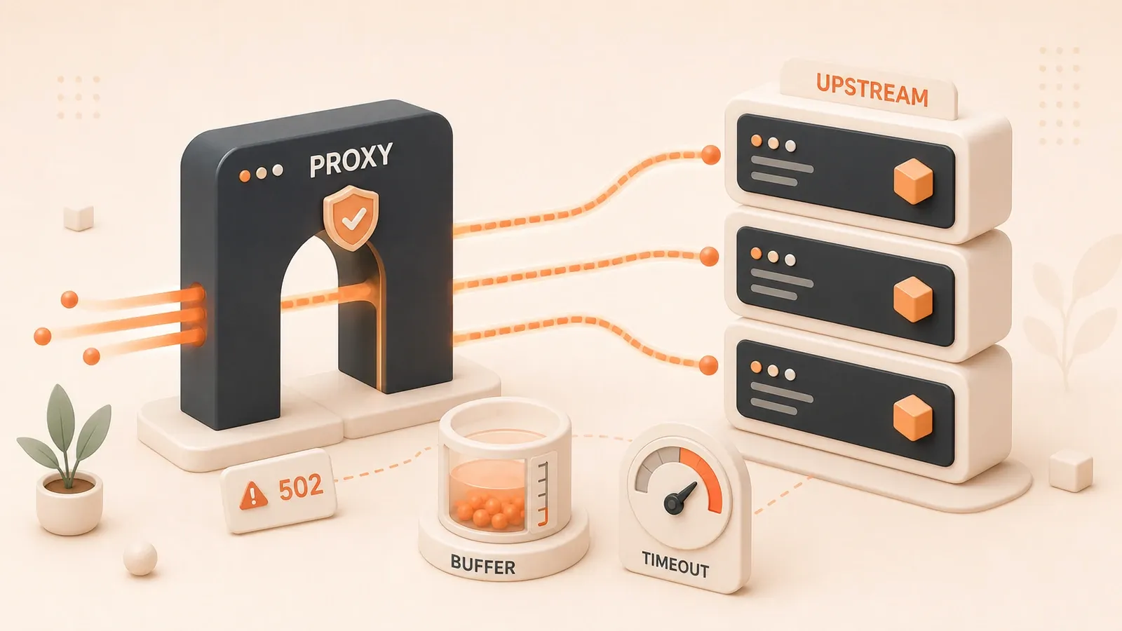 Easton editorial illustration: one large reverse-proxy gate distributing traffic to three upstream servers