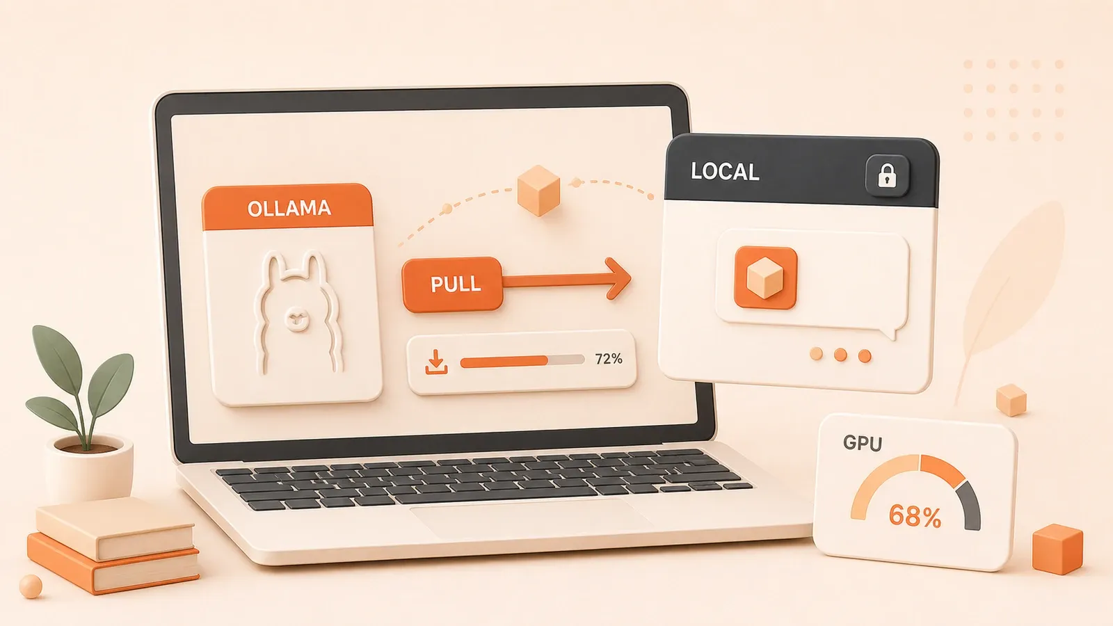 Easton editorial illustration: one laptop workspace loading a model cube into local chat