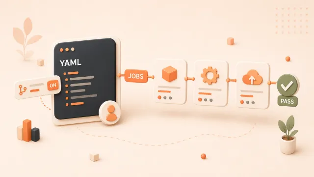 Easton editorial illustration: one large YAML workflow card driving three job stages