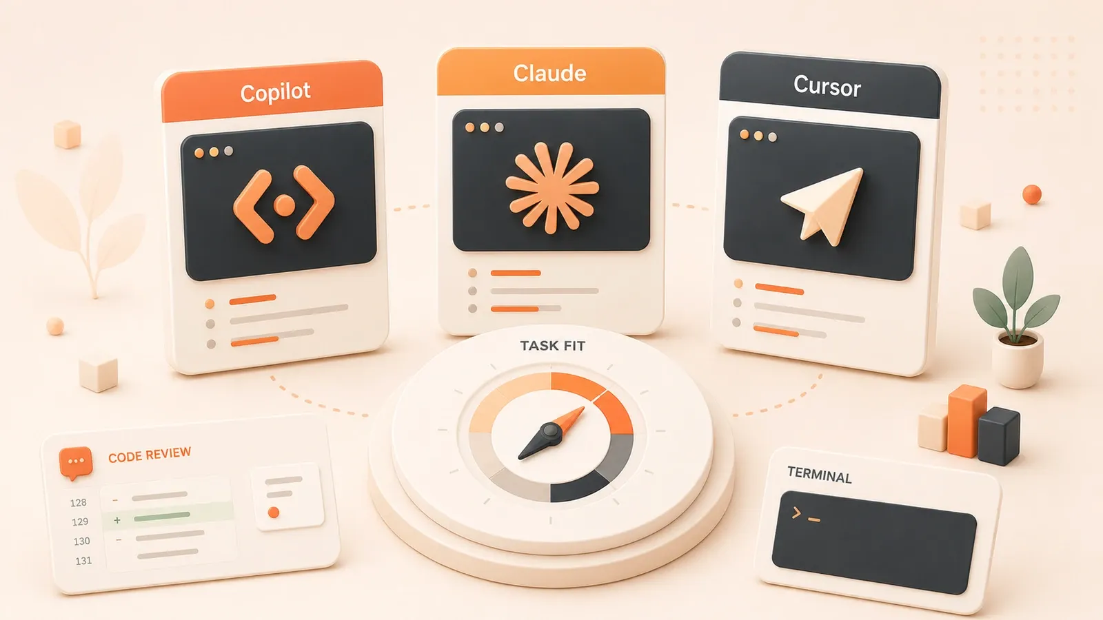 Easton editorial illustration: three large assistant workstations around one task-fit compass