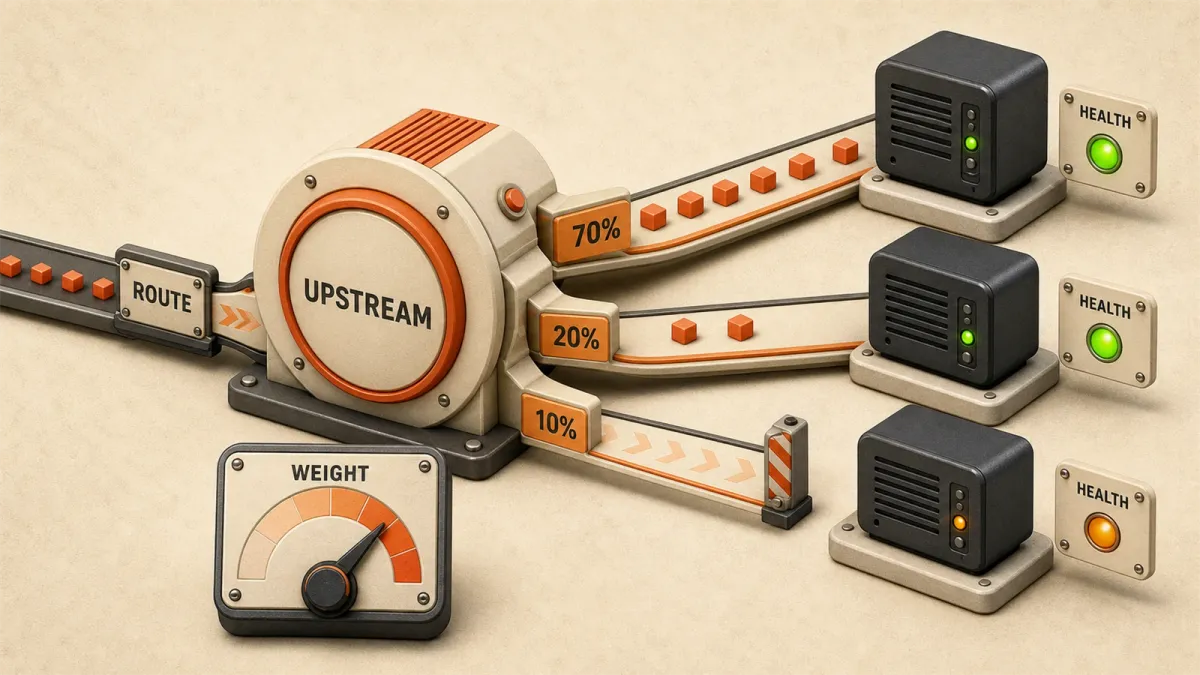 Easton editorial illustration: large Nginx upstream distributor steering weighted requests toward three servers with health indicators