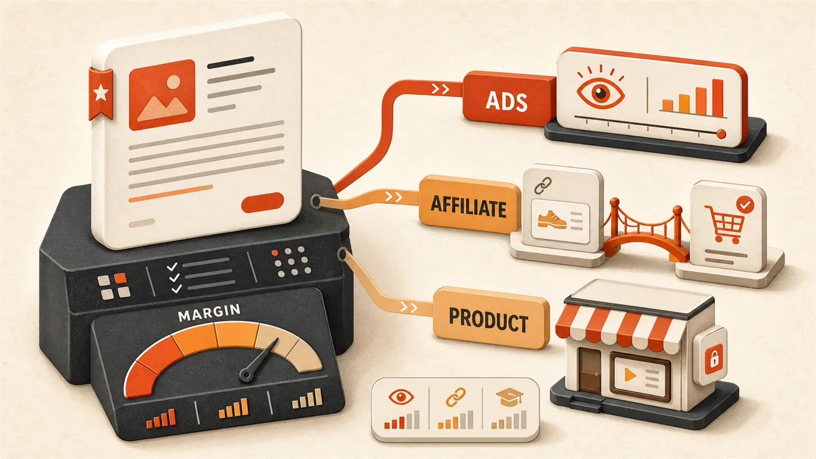 Easton editorial illustration: creator asset on a decision desk comparing ad network meter, affiliate bridge, and digital-product storefront