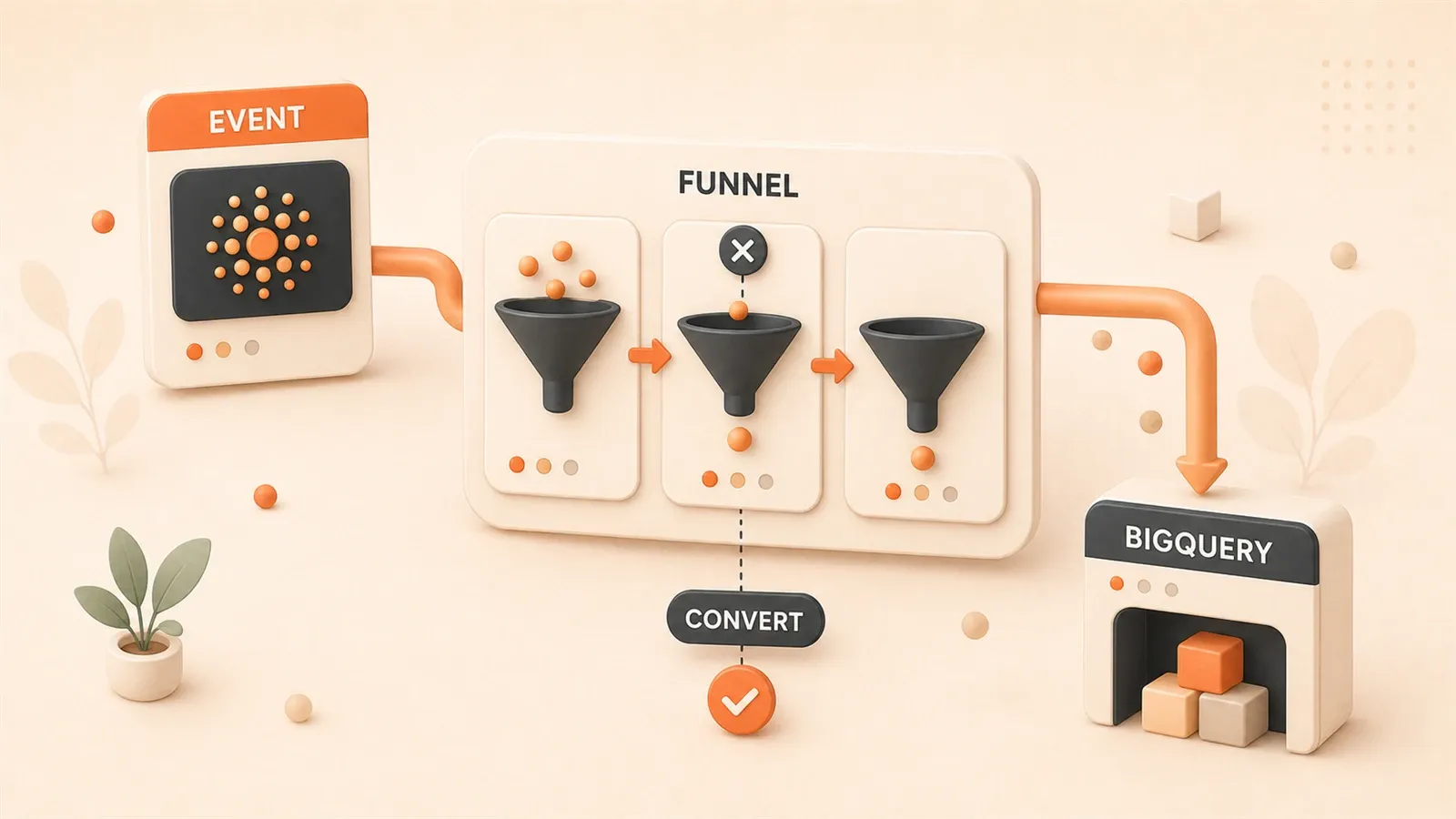Easton editorial illustration: large event token, configurable conversion funnel, BigQuery warehouse block