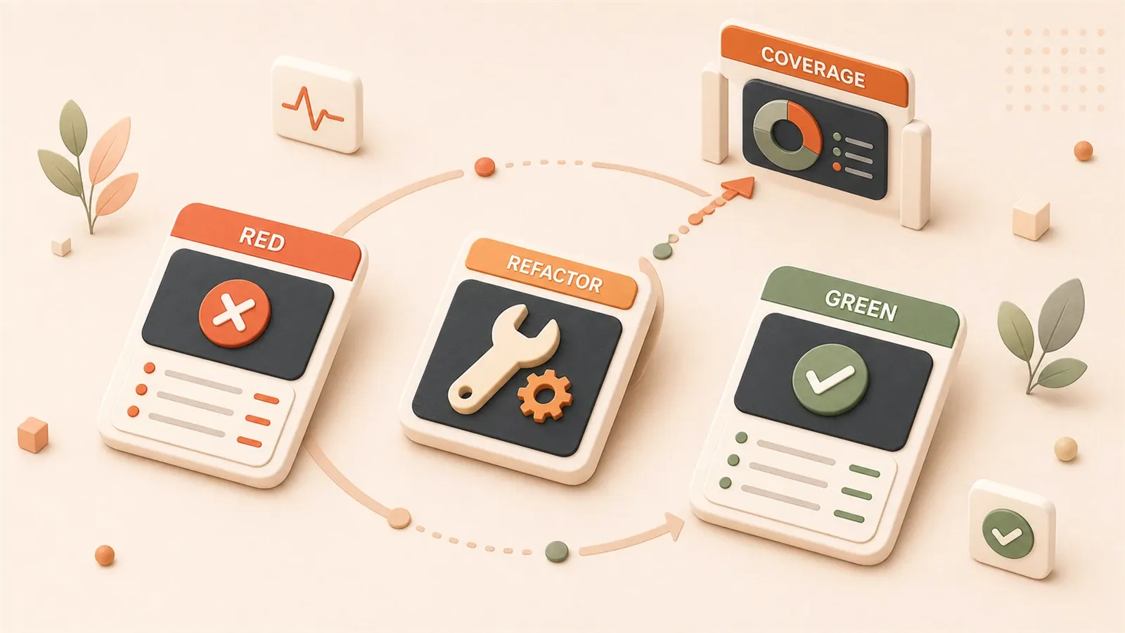 Easton editorial illustration: failed red test card, passing green test card, central refactor wrench, coverage gate