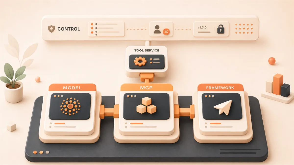 Easton editorial illustration: agent toolchain assembly desk, model socket, MCP adapter, framework chassis, enterprise control rail