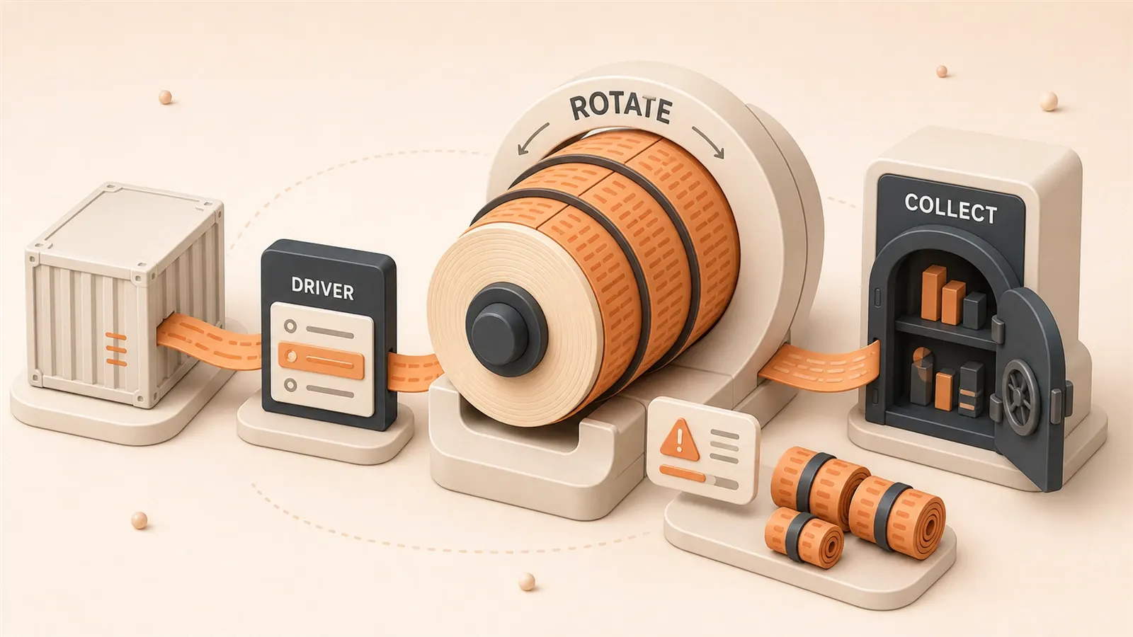 Easton editorial illustration: 容器日志源, DRIVER 选择器, ROTATE 线轴, COLLECT 归档库