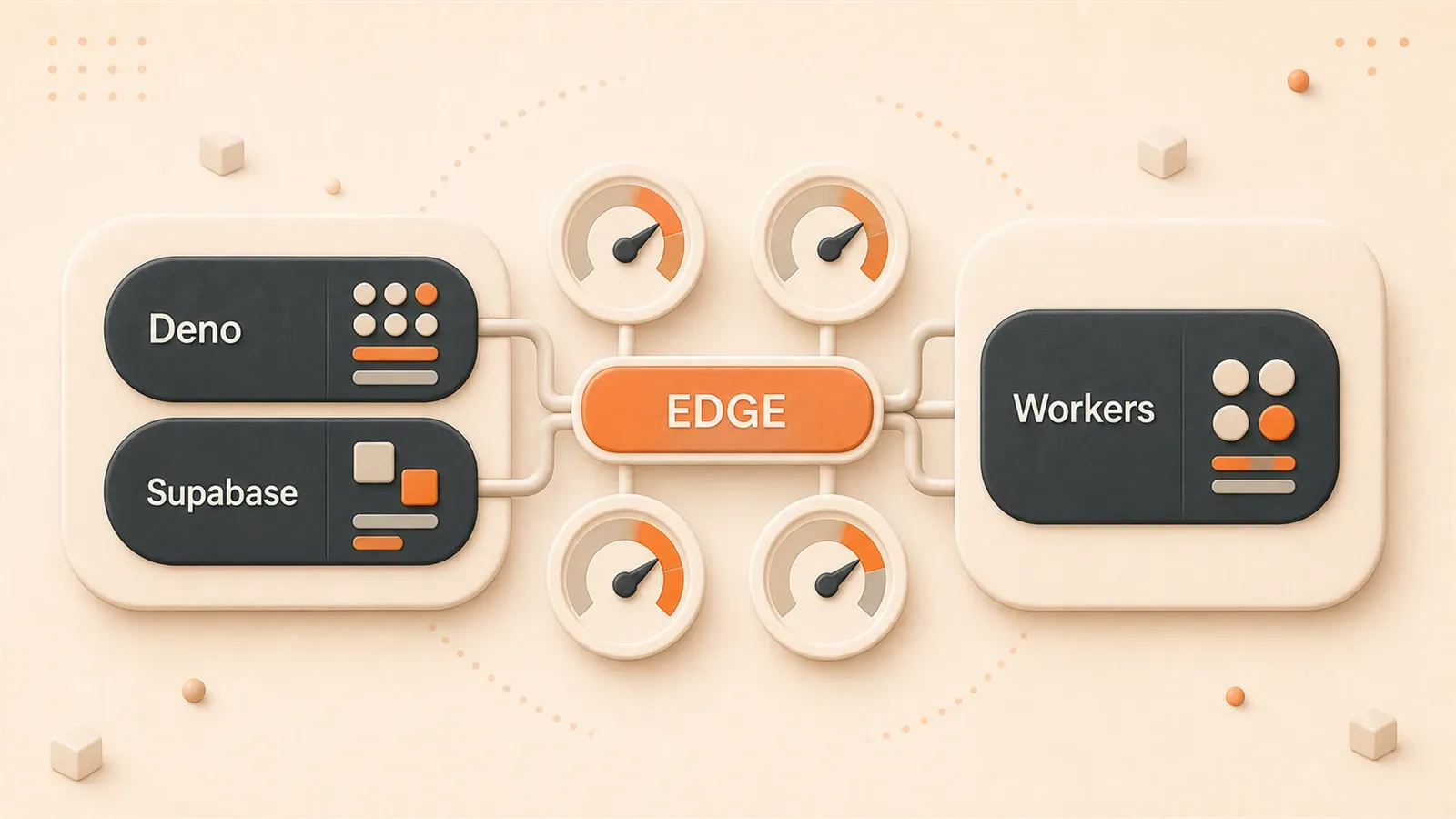 Easton editorial illustration: Deno edge-function capsule facing a Cloudflare Worker capsule across runtime, cold-start, and deployment gauges