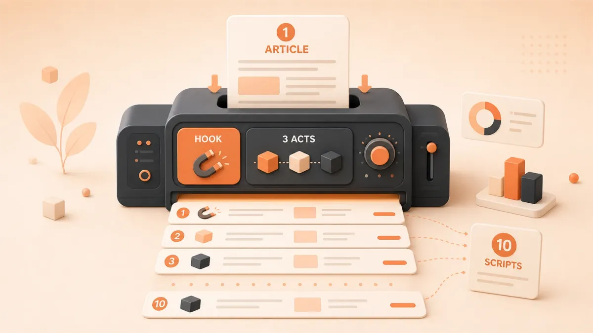 Easton editorial illustration: long-form article entering a slicing machine that previews ten numbered short-video script strips