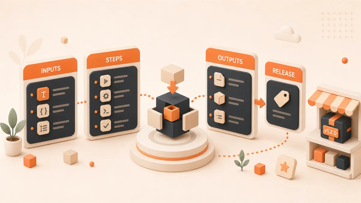 Easton editorial illustration: action.yml package assembled from inputs, steps, outputs, and secrets then shipped to a marketplace shelf