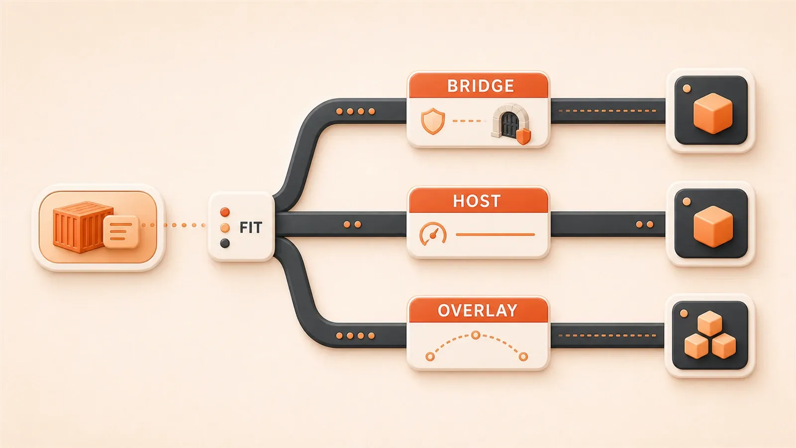 Easton editorial illustration: container packet capsule, three labeled routing lanes, single-host endpoint, multi-host endpoint