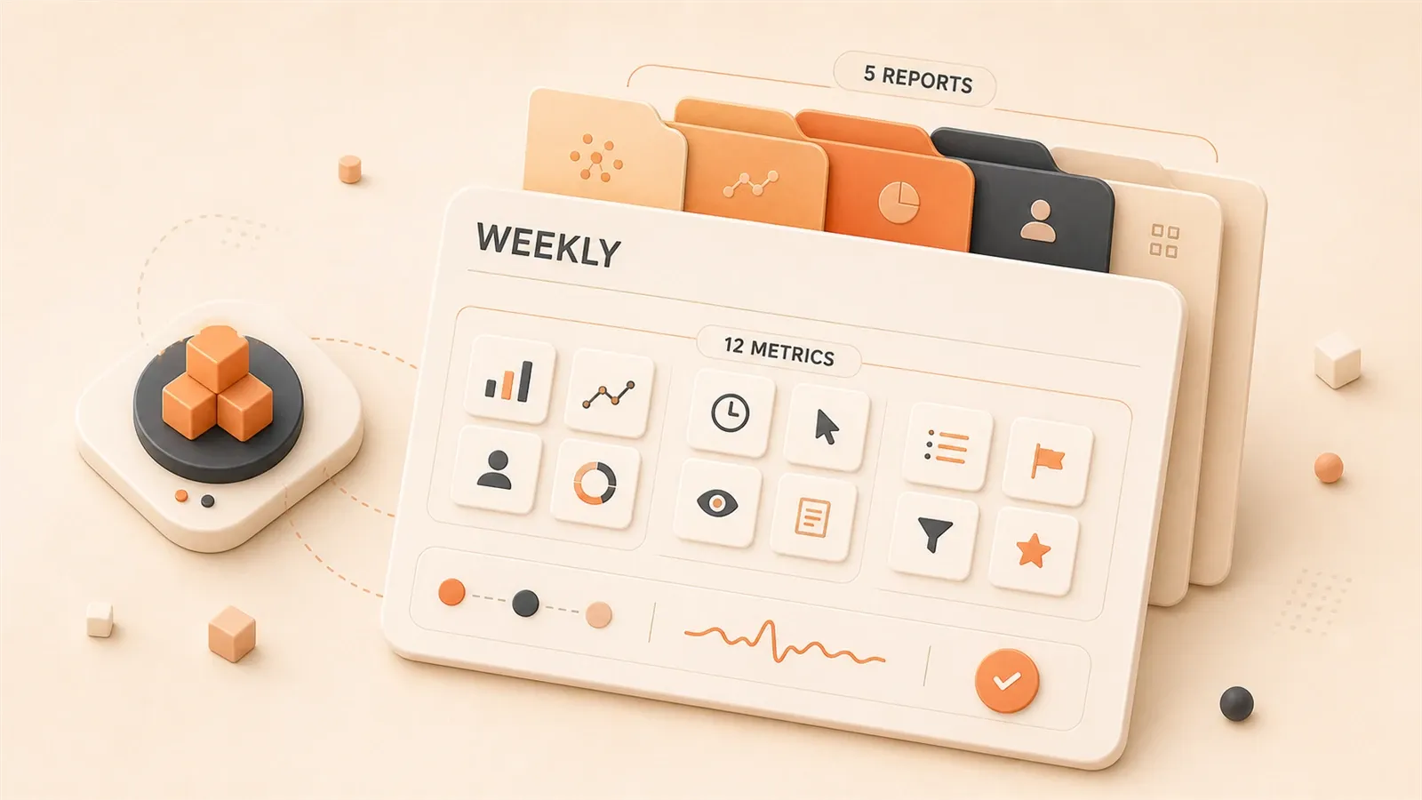Easton editorial illustration: central weekly creator scorecard, five grouped report folders, twelve grouped metric tokens