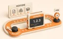 Easton editorial illustration: large Ollama version cartridge on a reversible track with binary, package, and Docker restore notches