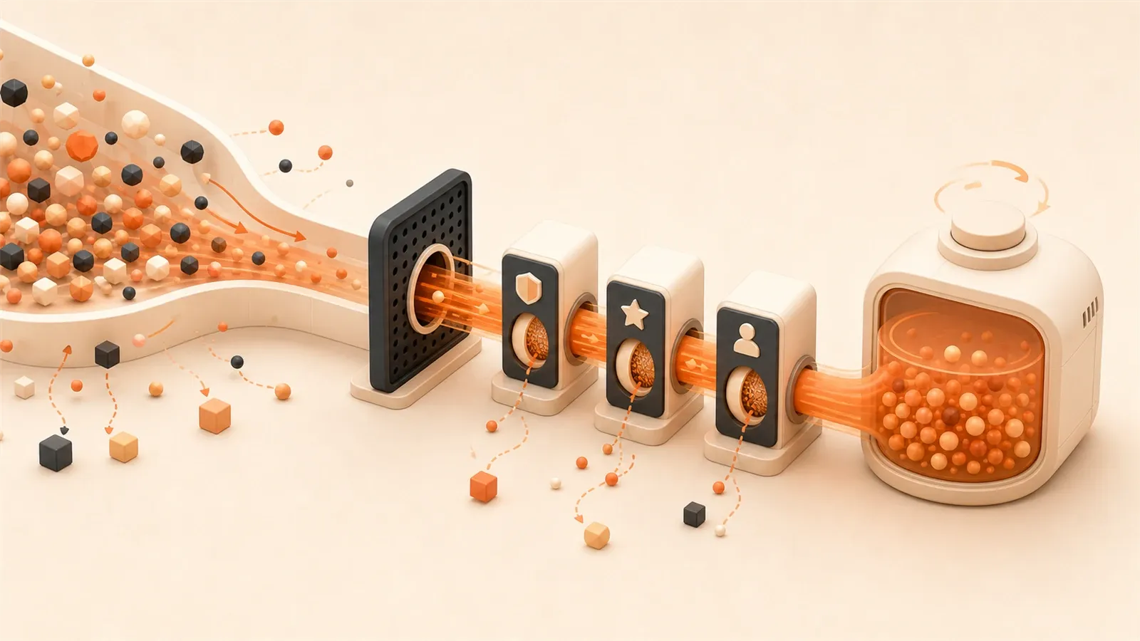 Easton editorial illustration: public social stream captured by a precise hook, passed through trust steps, and stored as a private audience asset