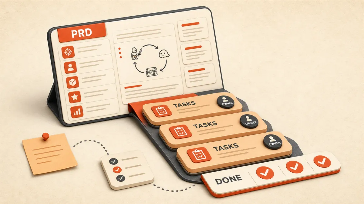 Easton editorial illustration: large structured PRD board, sequenced developer task stack, acceptance-check strip