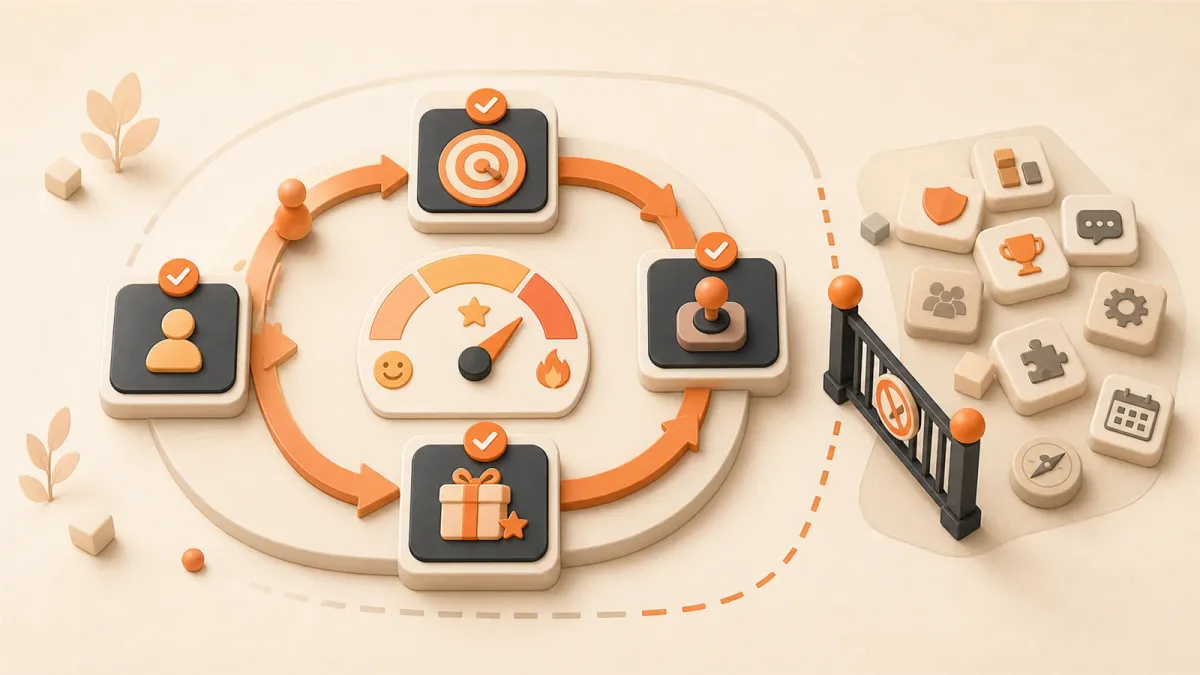 Easton editorial illustration: minimal playable core-loop machine, fun-signal meter