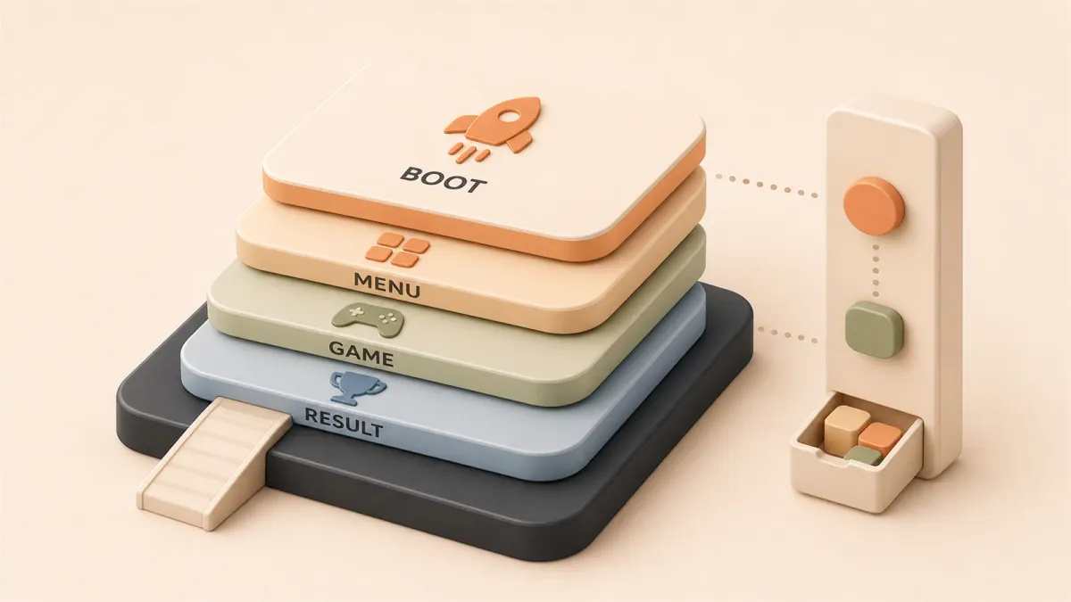 Easton editorial illustration: one Main-scene base carrying four stacked interface layers