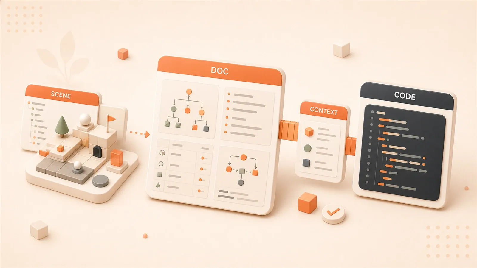 Easton editorial illustration: abstract Cocos scene hierarchy diorama, machine-readable documentation card, coding assistant context panel