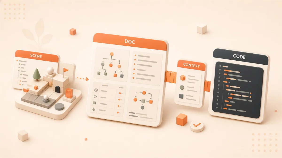 Easton editorial illustration: abstract Cocos scene hierarchy diorama, machine-readable documentation card, coding assistant context panel