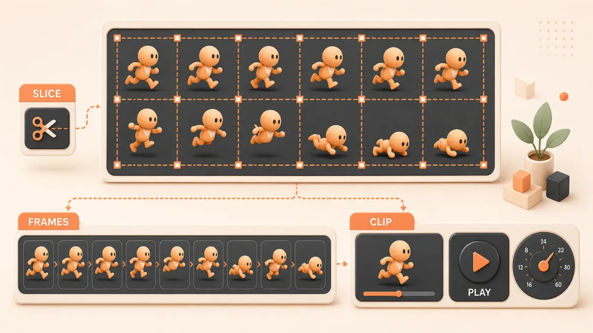 Easton editorial illustration: large sprite sheet under a slicing grid with an animation playback strip and frame-rate dial