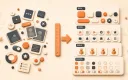 Easton editorial illustration: messy mixed UI asset pile, clean button asset family, clean icon asset family, ordered character-frame strip