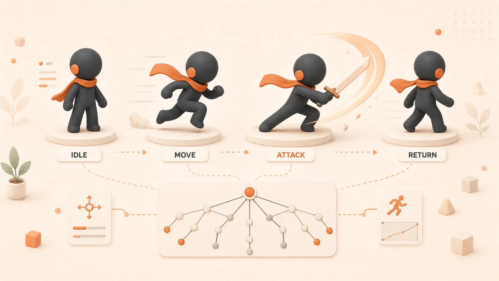 Easton editorial illustration: one game character moving through idle, move, attack, and return poses above a compact node rig