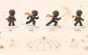 Easton editorial illustration: one game character moving through idle, move, attack, and return poses above a compact node rig