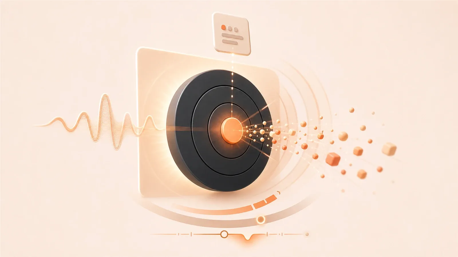 Easton editorial illustration: central impact target, white flash plane, vibration rings, floating-number tile, sound wave, particle burst