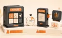 Easton editorial illustration: heavy monolithic game package, split engine-plugin cartridge, compact game package, startup clock
