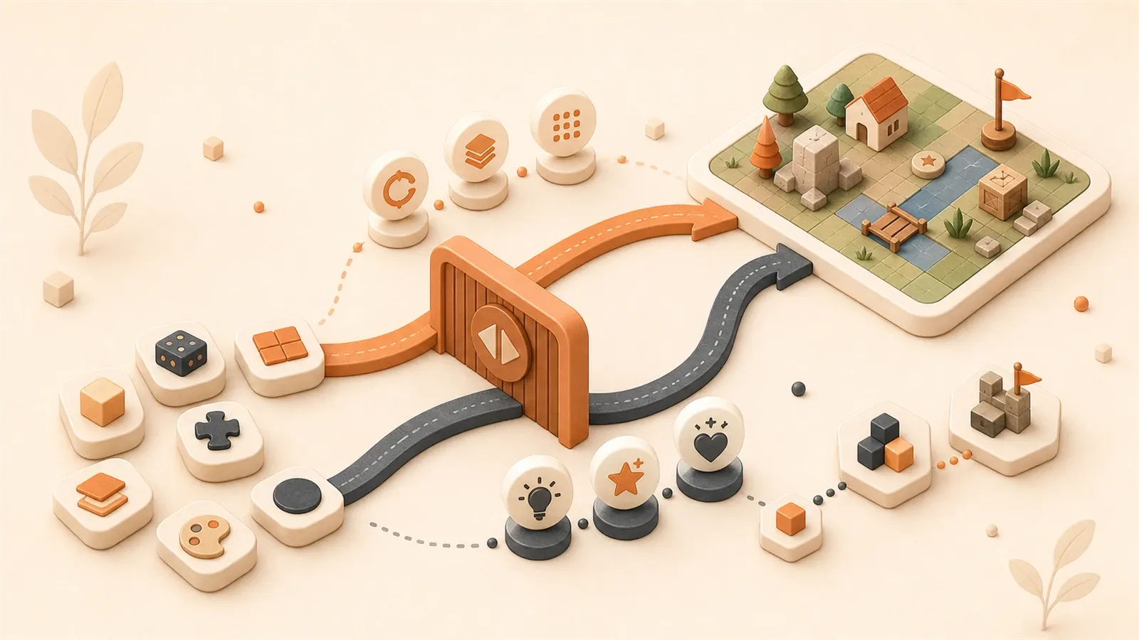 Easton editorial illustration: mixed game task tokens, AI-or-human decision gate, single coherent playable-scene board