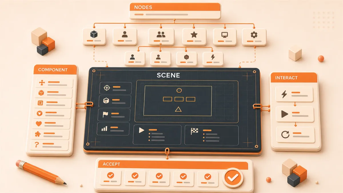 Easton editorial illustration: central game-scene specification blueprint