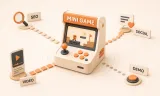 Easton editorial illustration: mini-game cabinet projecting four channel routes toward SEO, social post, short video, and playable demo