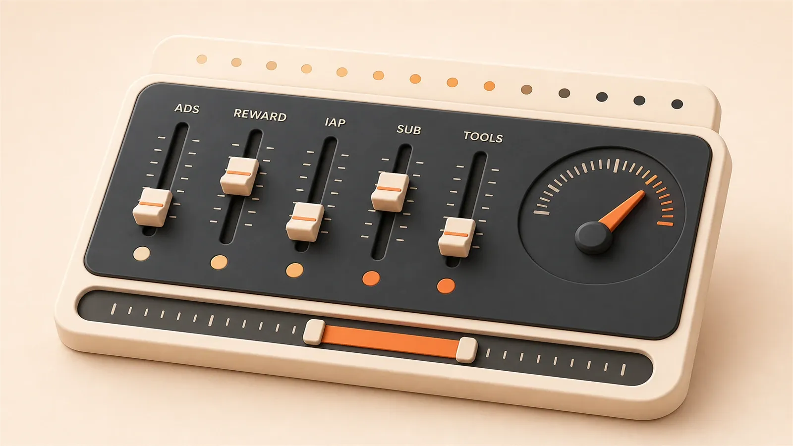 Easton editorial illustration: dark game-economy mixing console, five differentiated revenue meters, central ARPU needle