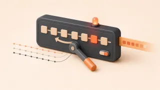 Easton editorial illustration: large Agent state recorder, coral failure beacon, checkpoint rewind handle, recovery status strip