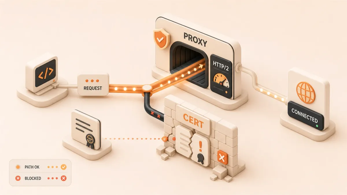 Easton editorial illustration: Cursor request stream confronting two gateway paths: trusted proxy tunnel and broken certificate wall