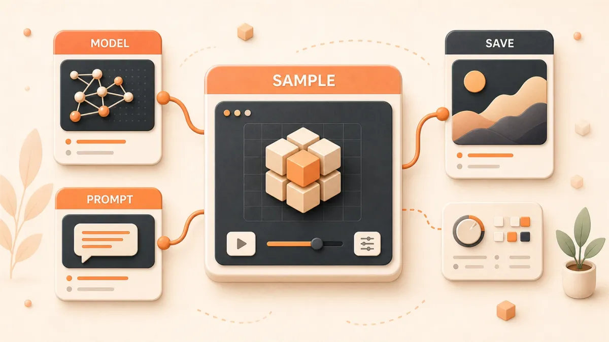 Easton editorial illustration: one large sampler node workbench linked to model, prompt, decode, and save blocks