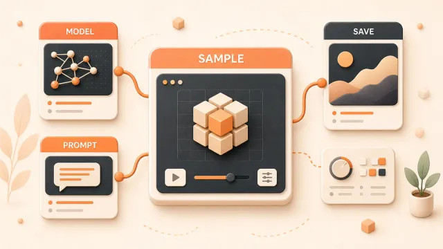 Easton editorial illustration: one large sampler node workbench linked to model, prompt, decode, and save blocks