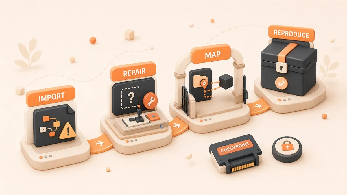 Easton editorial illustration: imported workflow tile, missing-node repair station, model-path mapping gate, reproducible archive box