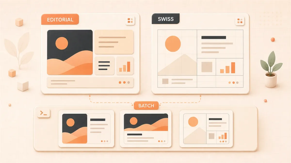 Easton editorial illustration: editorial social-card canvas, Swiss-grid social-card canvas, batch-render output rail