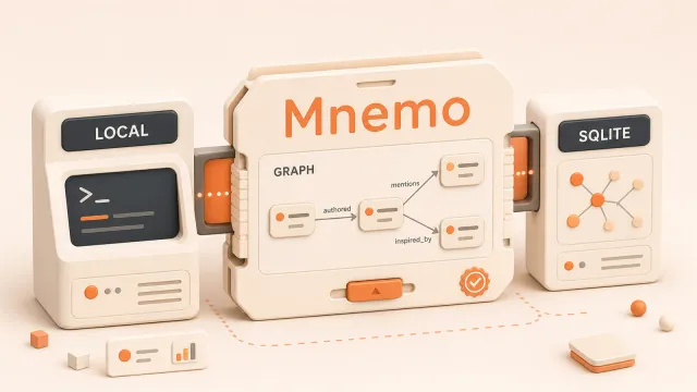 Easton editorial illustration: portable local memory cartridge, local model terminal dock, SQLite graph index